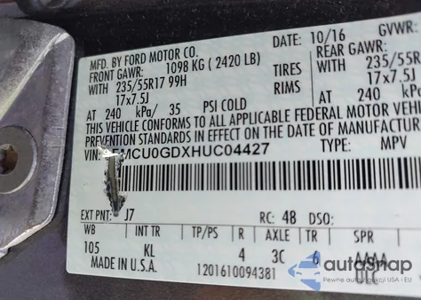 2017 Ford Escape Se from USA, damaged, VIN 1FMCU0GDXHUC04427